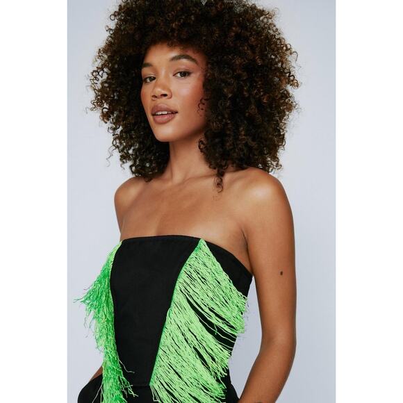 Nasty Gal Premium Fringed Bustier Top black with Green fringe size 8 - Picture 3 of 11